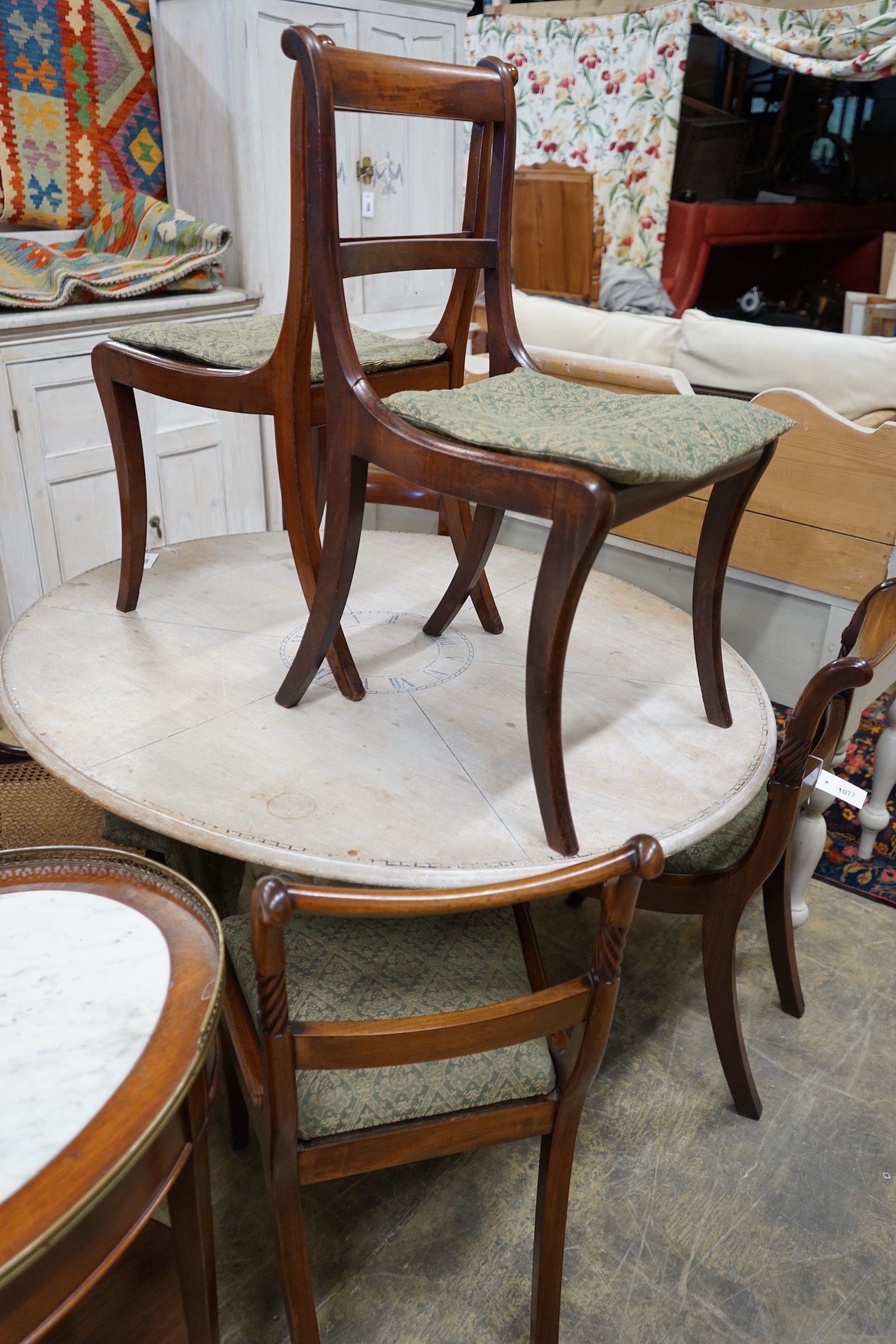 Six Regency mahogany cane and drop in seat dining chairs (four plus two) together with a pair of similar stools